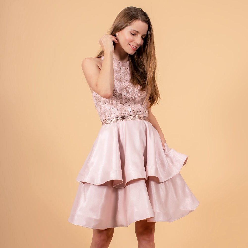 NEW SHORT SLEEVELESS BABY DOLL EMBROIDERED SATIN GOWN WITH ZIPPER BACK GL GS1603